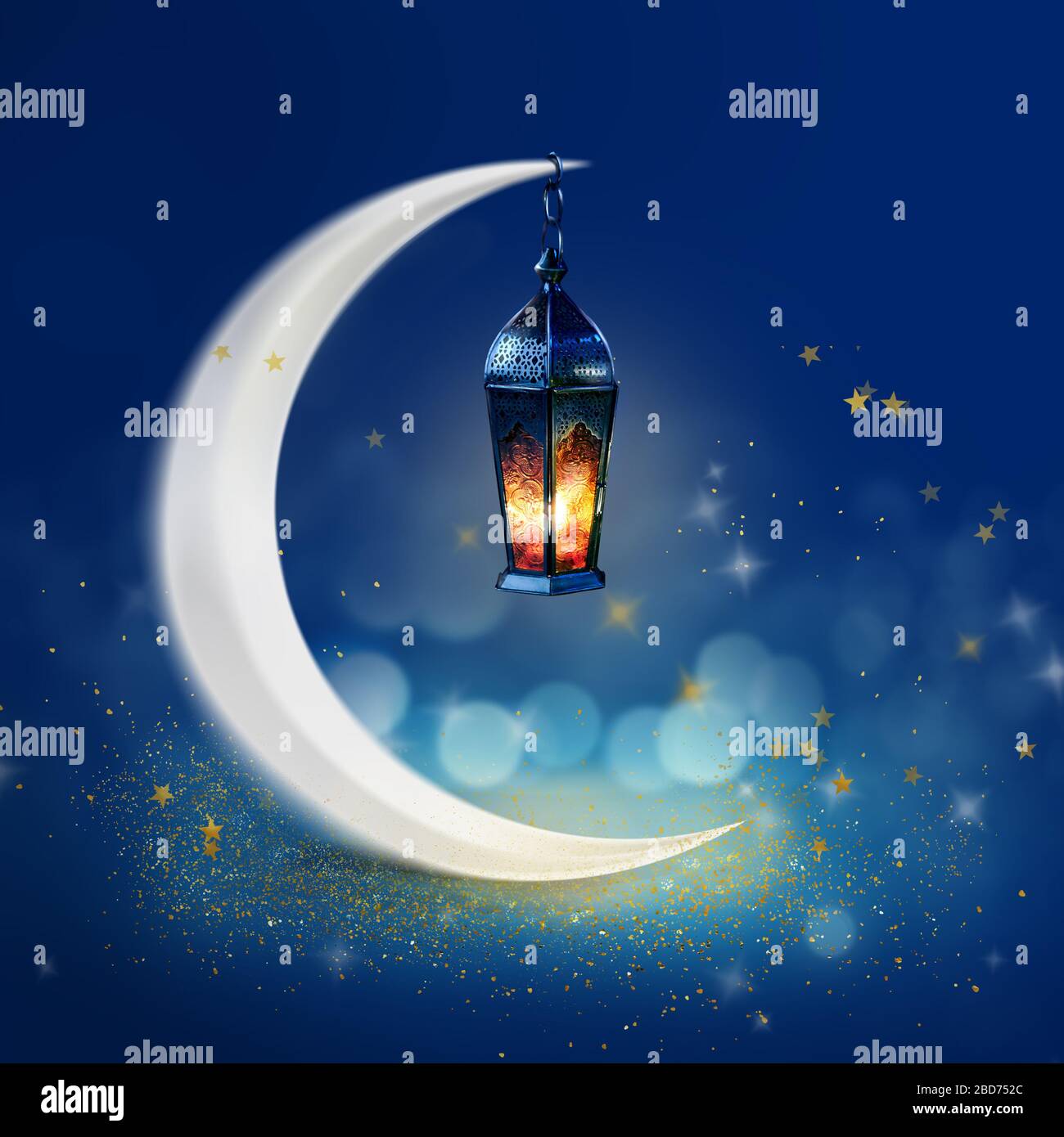 Ramadan Kareem sfondo banner. Biglietti d'auguri islamici per le festività musulmane e il Ramadan. Bandiera blu con luna e lanterna. Foto Stock