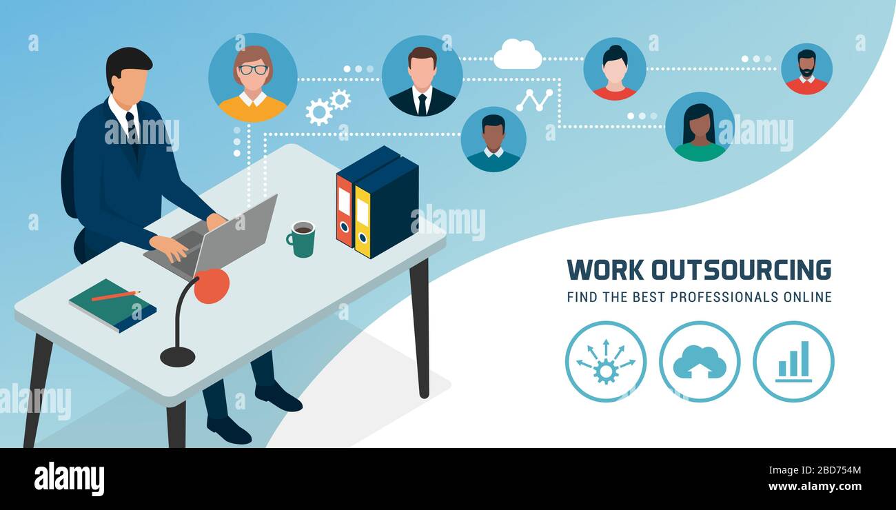 Uomo d'affari corporativo che si connette in linea con il suo laptop e che assume i freelance, concetto di outsourcing di lavoro Illustrazione Vettoriale