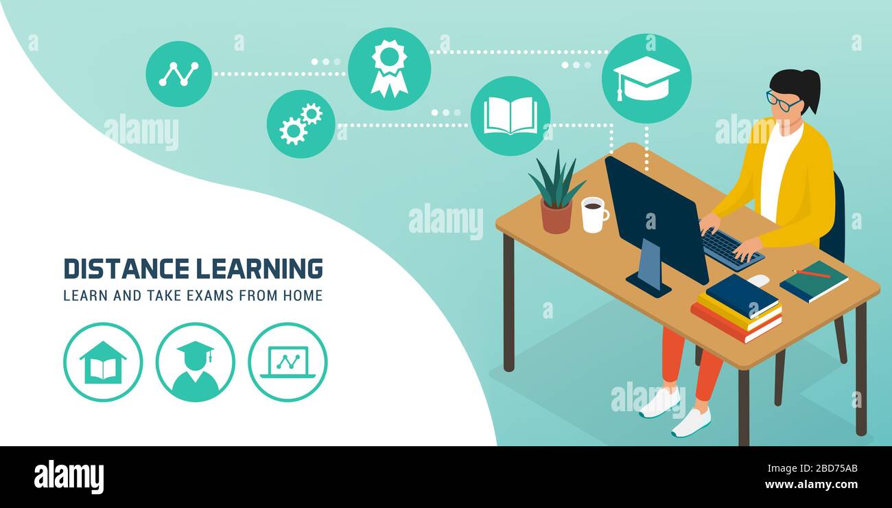 Studenti che si connettono online alle piattaforme di e-learning e frequentano corsi online, concetto di apprendimento a distanza Illustrazione Vettoriale