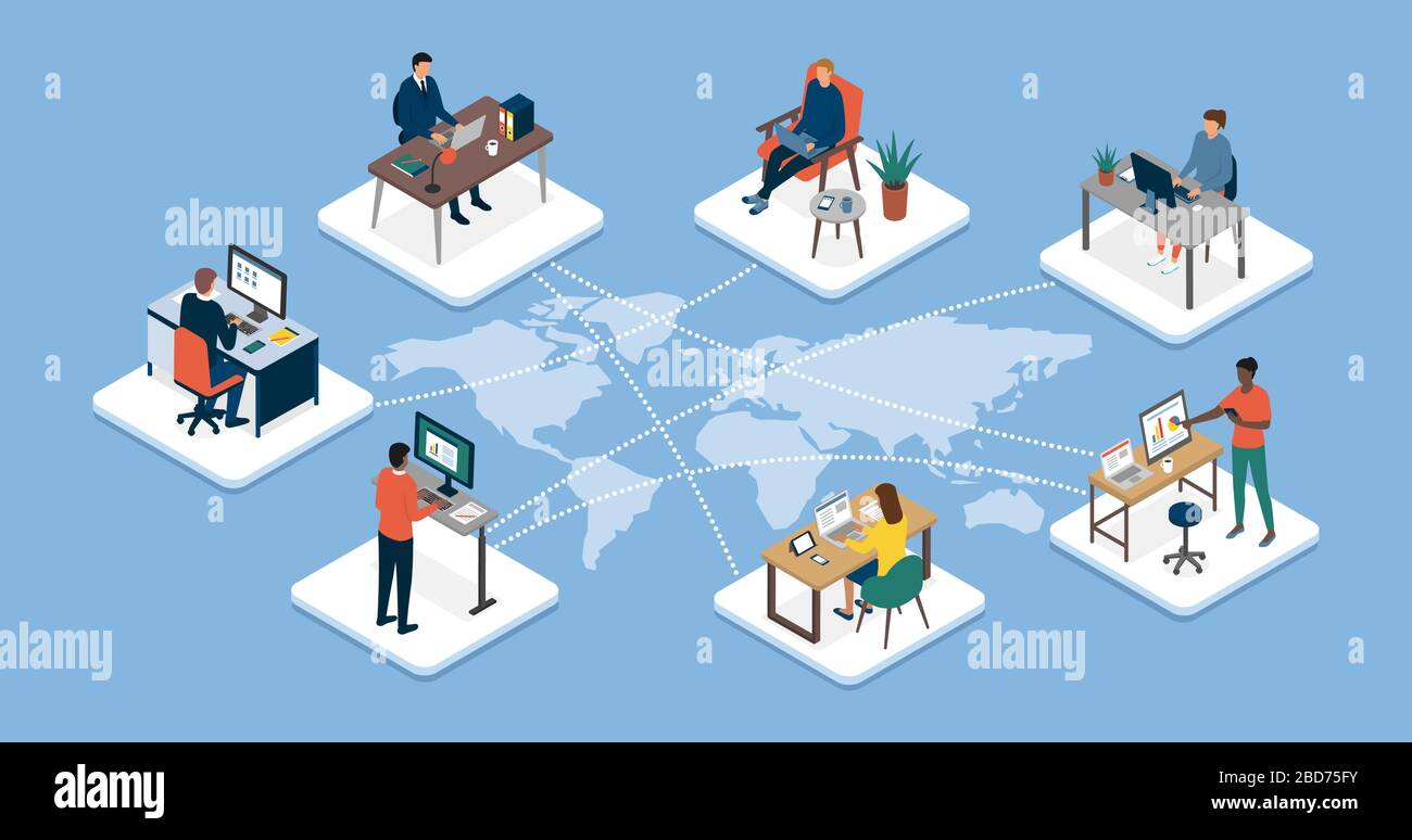 Team di business internazionale che si connette online insieme e telelavoro: Concetto di outsourcing e telelavoro del lavoro Illustrazione Vettoriale