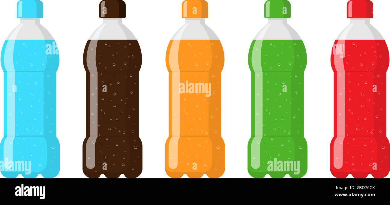 Set di flaconi in plastica con bevanda analcolica blu marrone arancio verde acqua. Bevanda gassata con bolle in tara piatta vettore isolato eps illustrazione Illustrazione Vettoriale