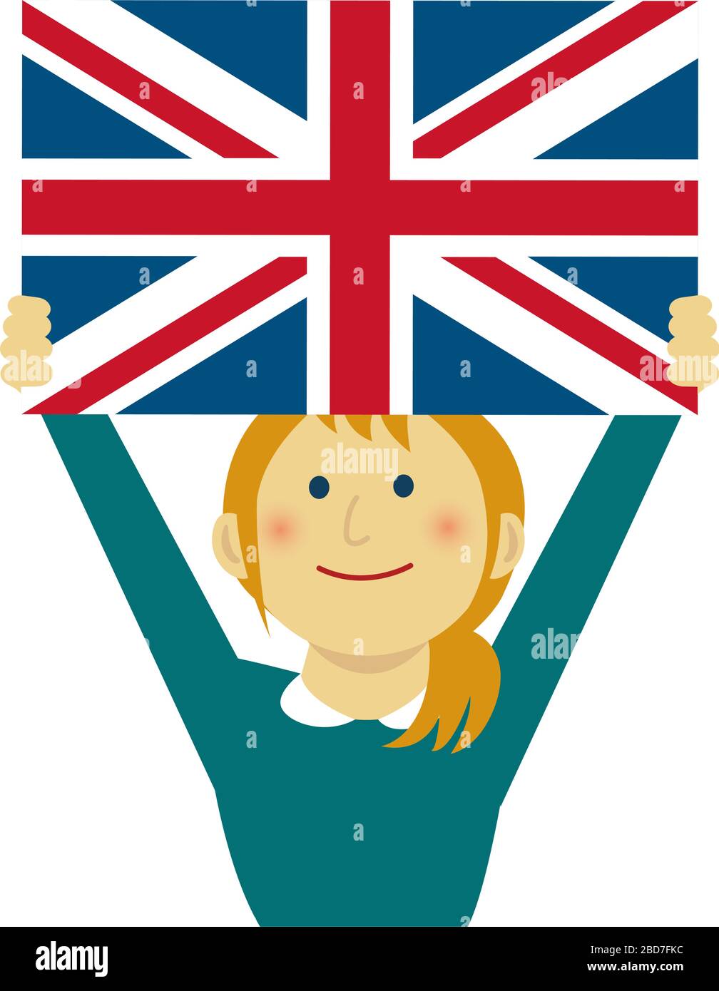 Cartoon donna con bandiere nazionali / UK (corpo superiore). Illustrazione vettoriale piatta. Illustrazione Vettoriale