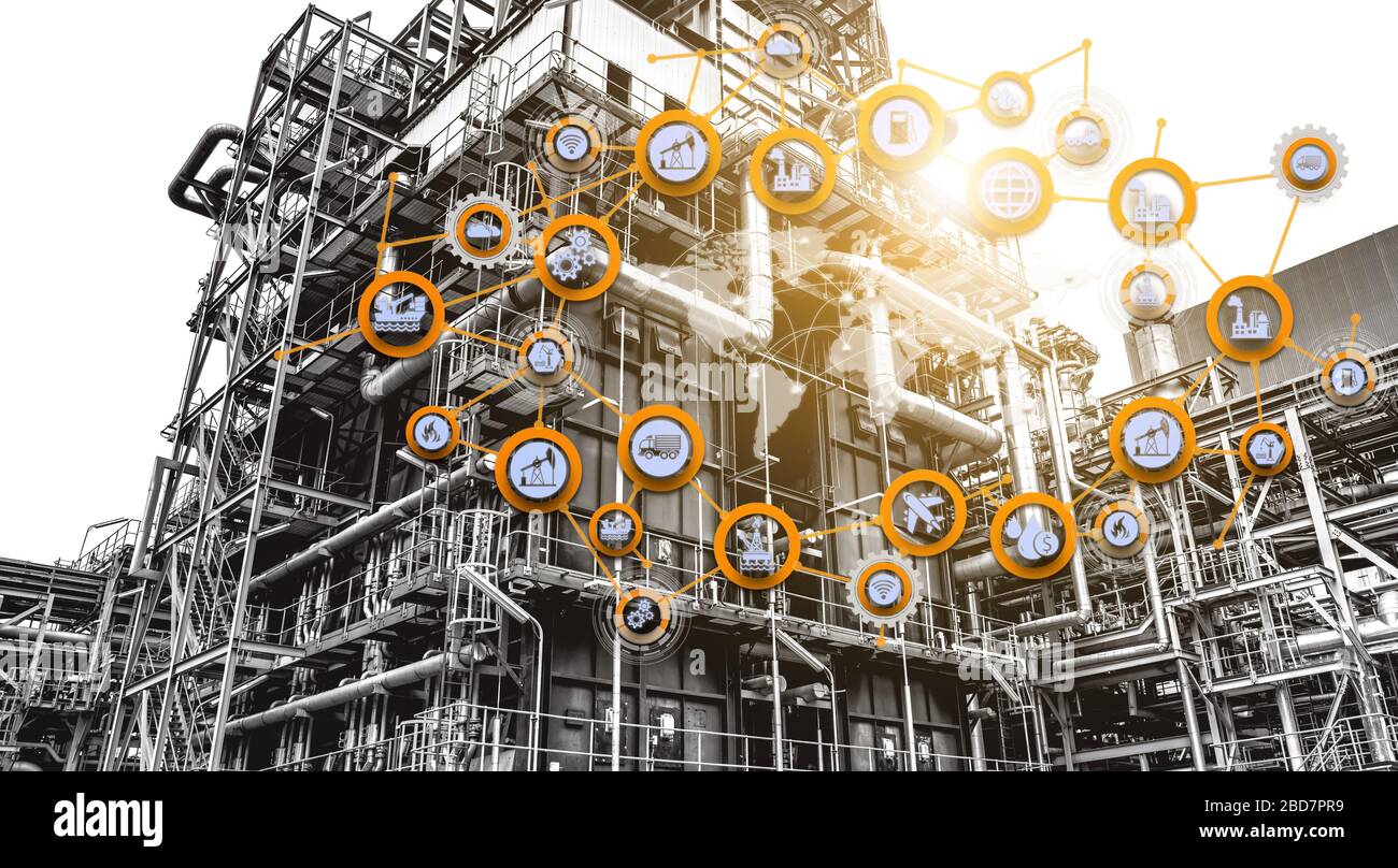 L'industria 4.0 raffineria di petrolio e la doppia esposizione di concetti icona, di messa in rete e lo scambio dei dati e la tecnologia moderna per il mondo industrail. Foto Stock