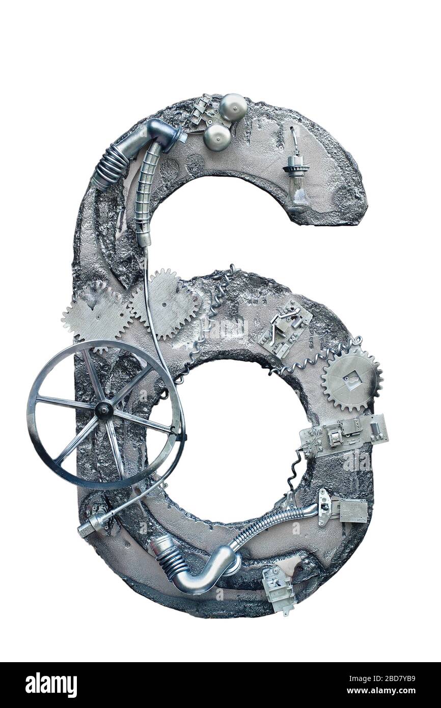 Modelli industriali numeri sei su sfondo bianco Foto Stock