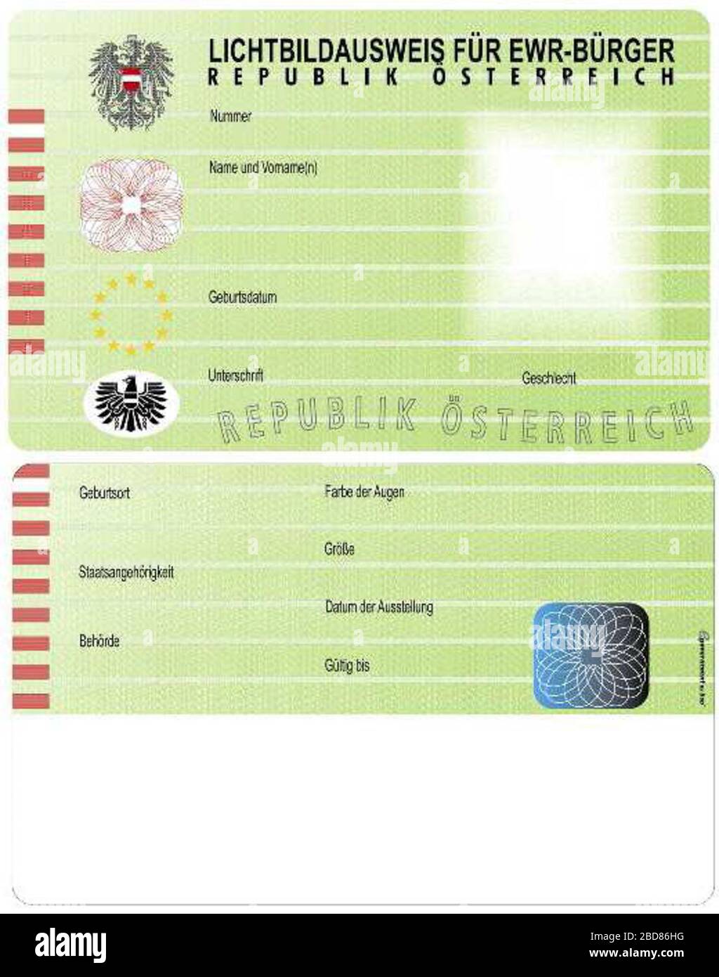 Italiano: Carta d'identità per cittadini SEE (Austria) Deutsch:  Lichtbildausweis für EWR-Bürger (Österreich); 28 giugno 2011; BGBl. II Nr.  201/2011; BMI (Bundesministerium für Inneres), Wien, caricato da Opihuck  (talk); ' Foto stock - Alamy