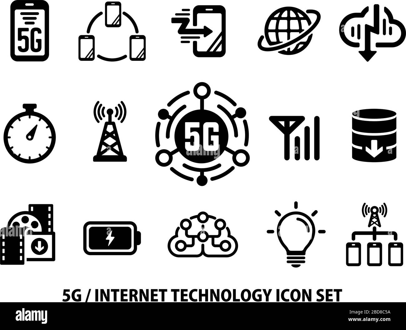 Set di icone piatte vettoriali 5G (comunicazione ad alta velocità di nuova generazione) Illustrazione Vettoriale