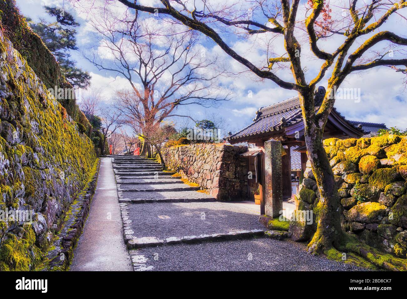 Strada pedonale a piedi nel villaggio di Ohara tra vecchie mura di pietra coperte da muschio - tradizionale paesaggio giapponese vicino a Kyoto. Foto Stock