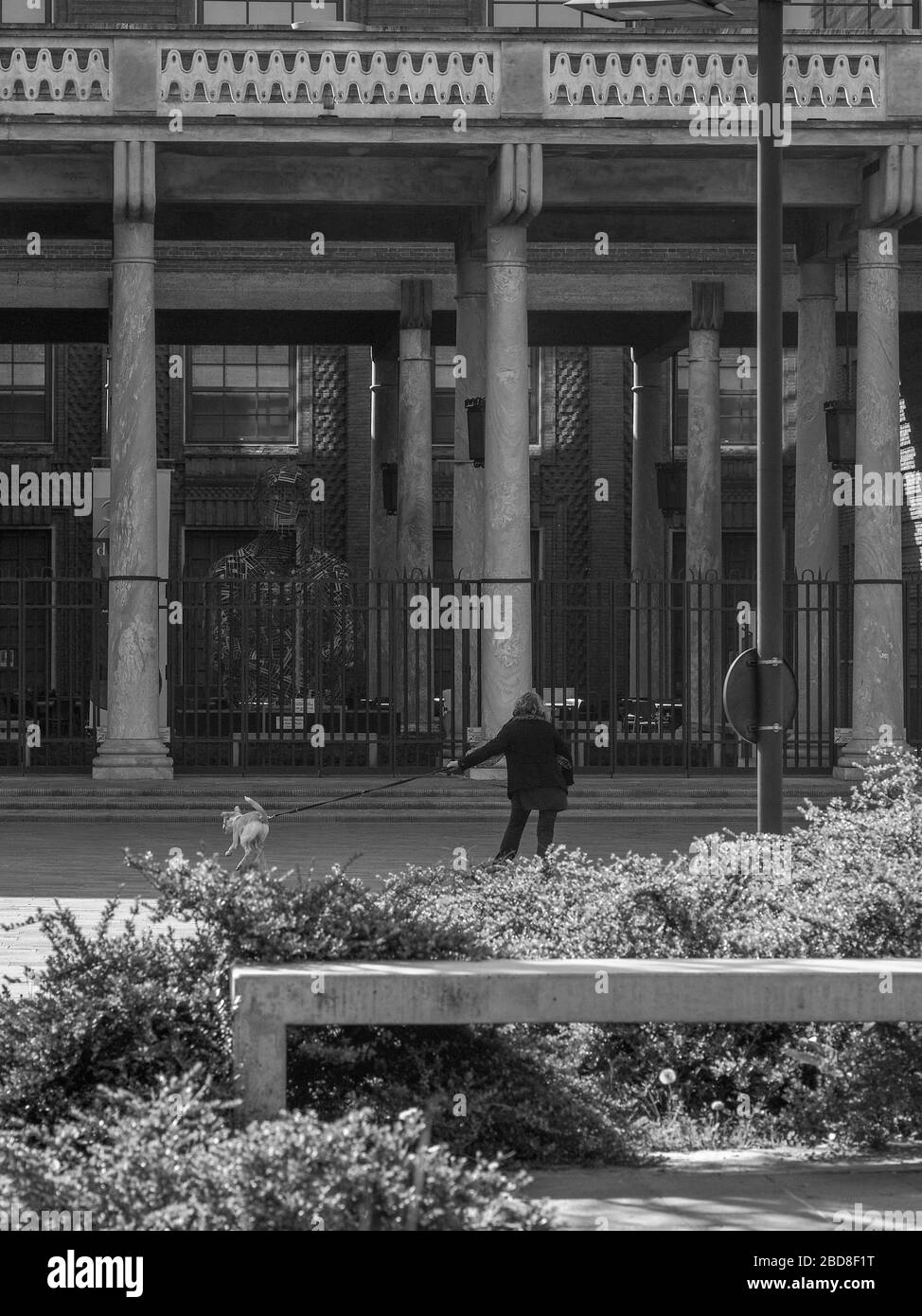 Pochi individui non identificati nelle strade vuote durante il blocco del 2020 e lo scoppio a Cremona, Italia, sotto quarantena. Cane a piedi. Foto Stock