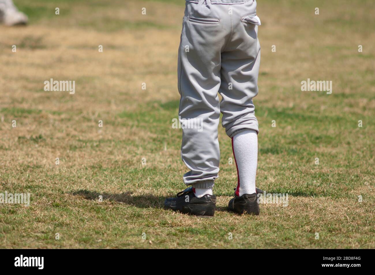 gambe dei ragazzi che indossano pantaloni da baseball irregolari Foto Stock