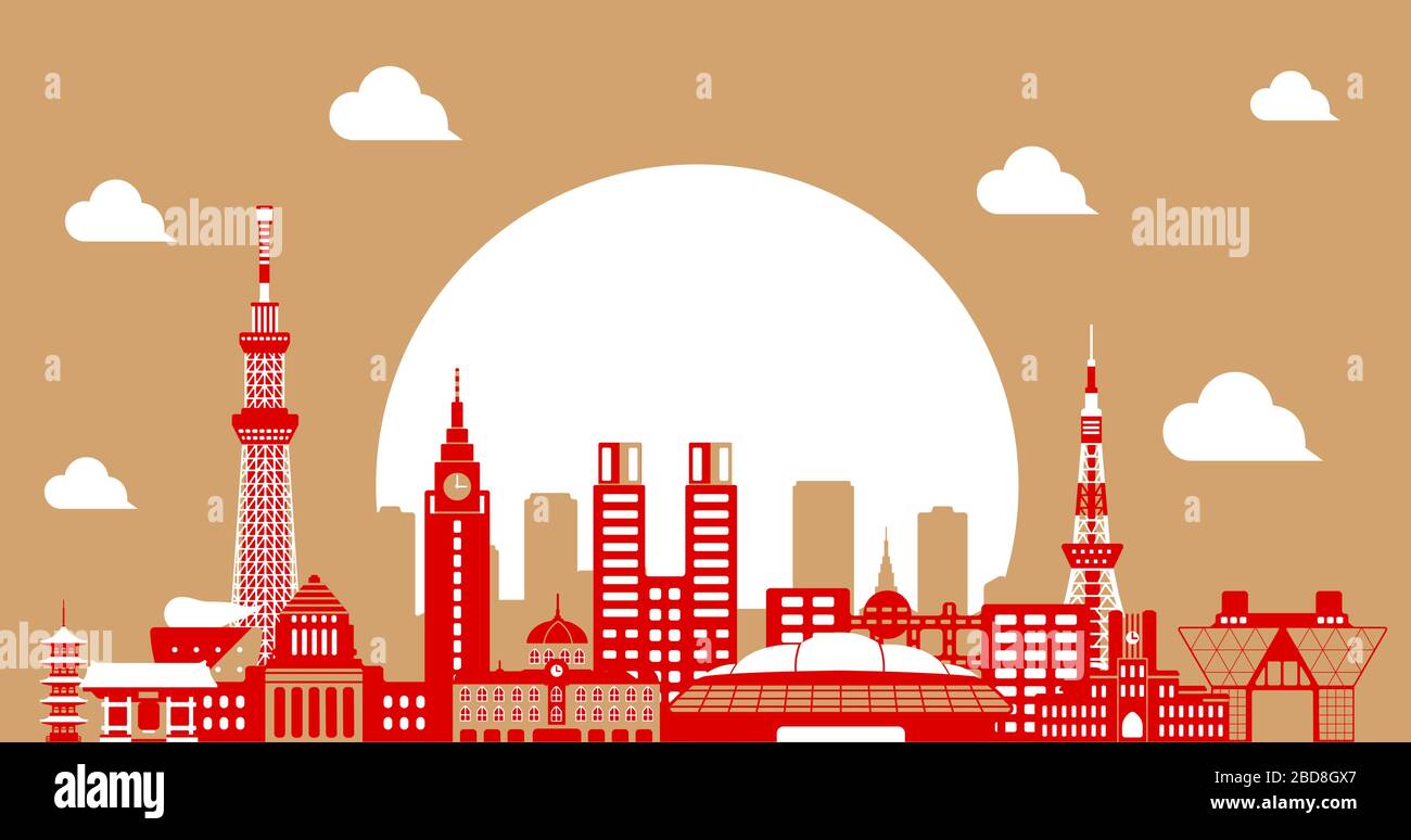 Illustrazione vettoriale piatta dello skyline di Tokyo. Edifici storici di Tokyo / colore a 2 toni Illustrazione Vettoriale