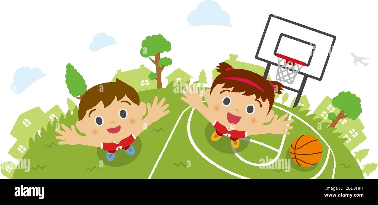 Bambini (bambini / ragazzo e ragazza) che guardano verso il cielo (indossando l'uniforme da basket). Illustrazione di cartoni animati vettoriali. Campo di pallacanestro sfondo (uccello Illustrazione Vettoriale