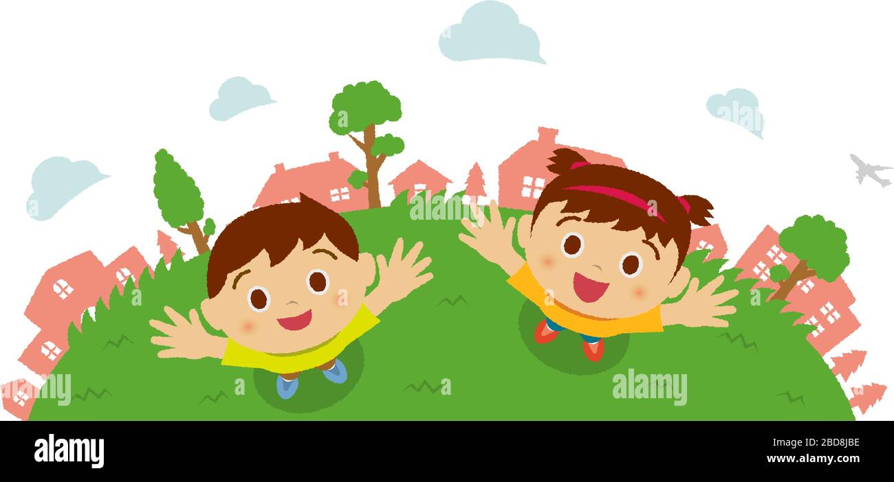 Bambini (bambini / ragazzo e ragazza) guardando verso il cielo (vista dall'alto). Illustrazione di cartoni animati vettoriali. Illustrazione Vettoriale