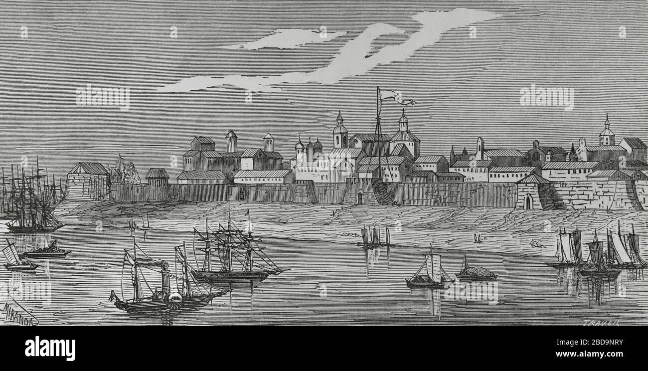 Isole Filipinas (Colonia española). Isla de Luzón. Vista de la ciudad de  Manila por la parte del mar. Ilustración por Miranda. Grabado por Traver.  Crónica General de España, Historia Ilustrada y Descriptiva