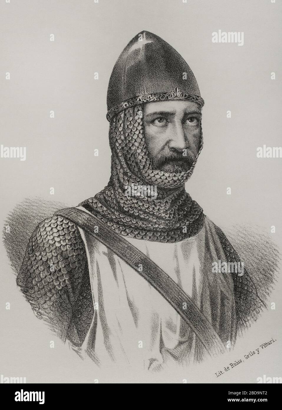 Jean IV de Béthencourt (Juan IV de Bethencourt) (1362-1425). Nobile, militante, navegante, comerciante y pirata francés. Inició la llamada conquista señorial de las Islas Canarias. Ritrao. Litografía. Crónica General de España, Historia Ilustrada y Descriptiva de sus Provincias. Canarias, 1871. Foto Stock