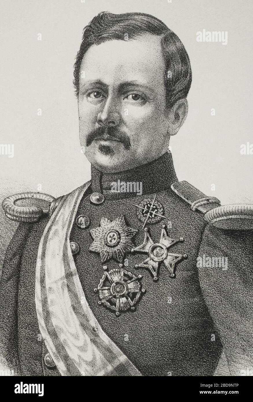 Rafael Echagüe y Bermingham (1815-1887). Nobile, militar y político. Gobernador de Puerto Rico entre 1860 y 1862. Gobernador de Filipinas (1862-1865). Ilustración por Salcedo. Ritrao, detalle. Litografía. Crónica General de España, Historia Ilustrada y Descriptiva de sus Provincias. Filipinas, 1871. Foto Stock