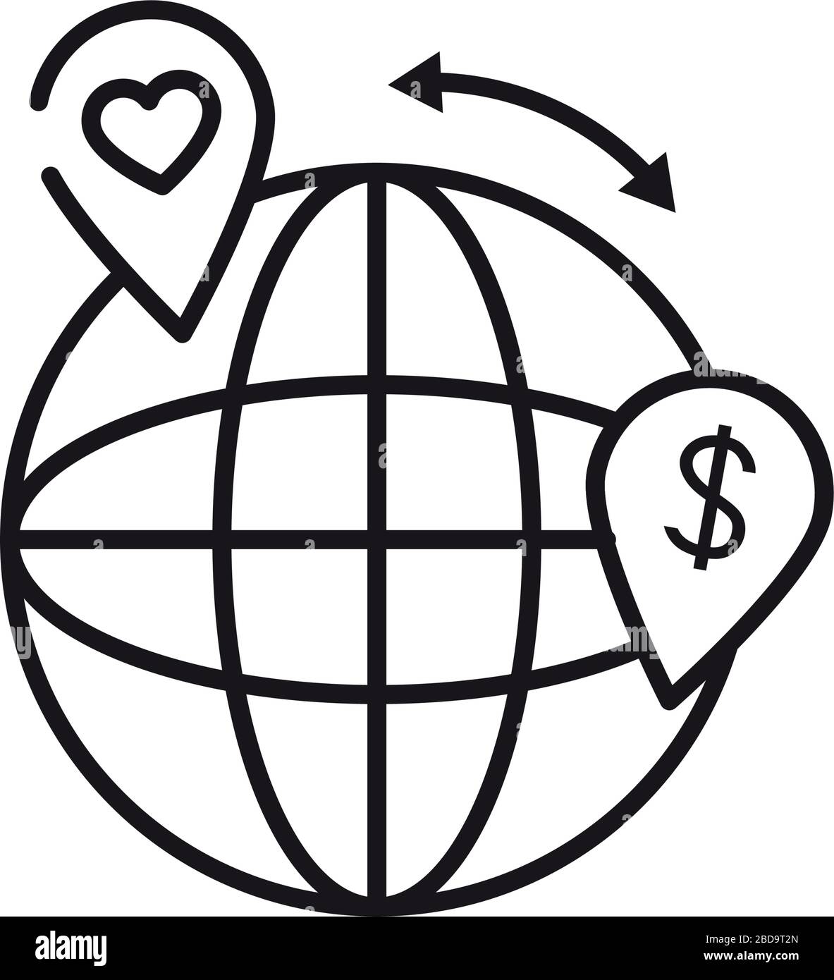 concetto di beneficenza e donazione, sfera globale e segnaposti con simbolo di cuore e denaro su sfondo bianco, stile di linea, illustrazione vettoriale Illustrazione Vettoriale