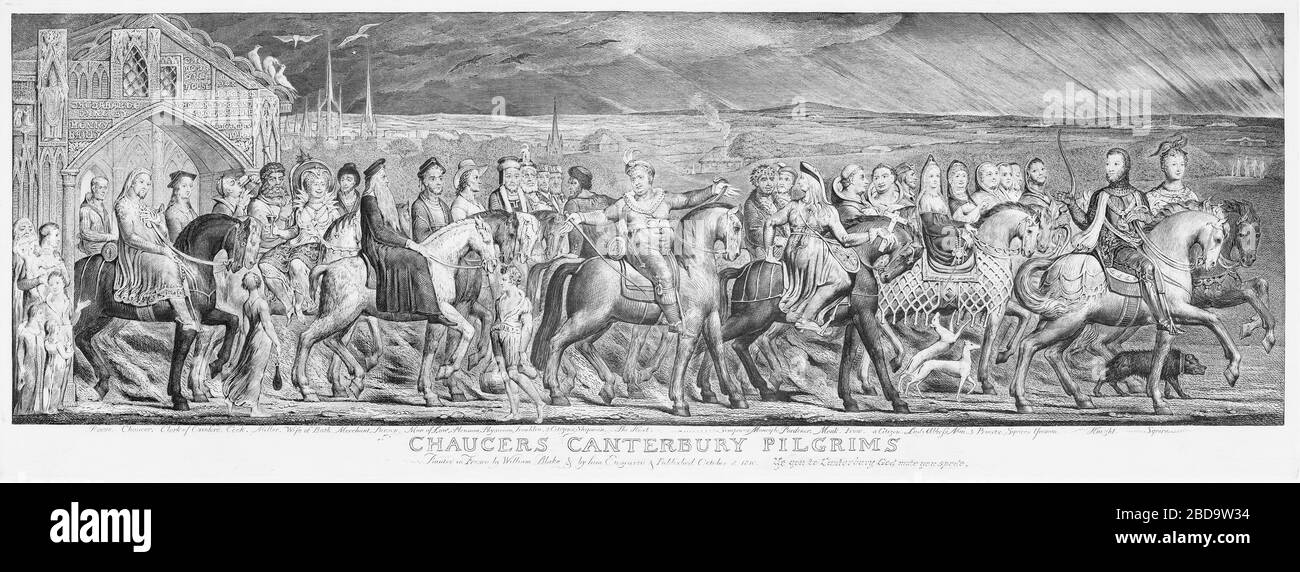 Incisione dei pellegrini di Canterbury di Chaucer di Blake Foto Stock