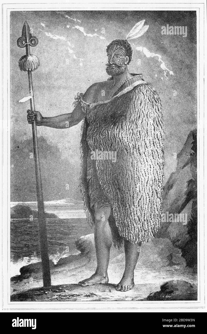 Incisione del capo Maori Tetora, dalla facciata del libro Ten months Residence in Nuova Zelanda, pubblicato nel 1824 Foto Stock