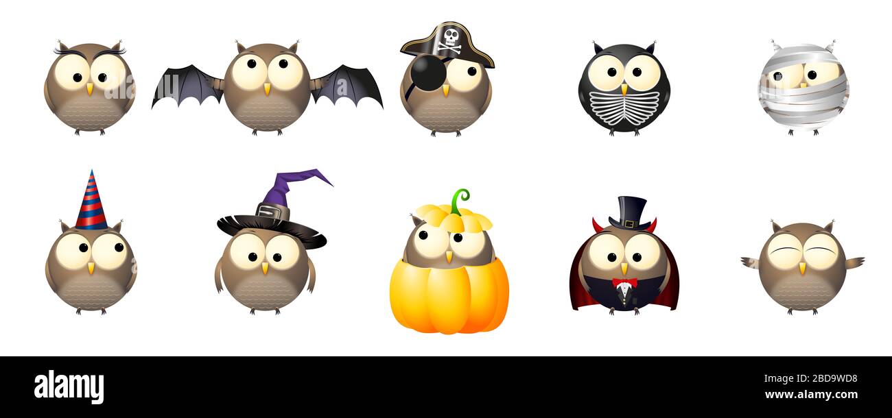 Gufi di Halloween in abiti/costumi di fantasia Foto Stock