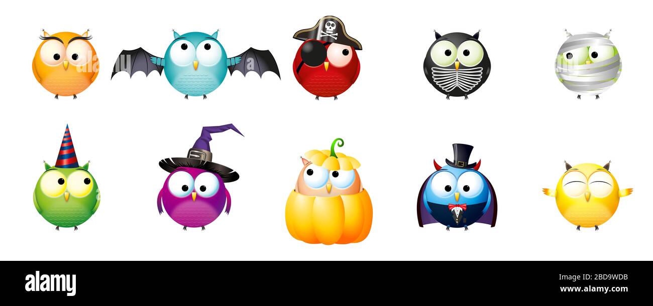 Gufi di Halloween in abiti/costumi di fantasia Foto Stock