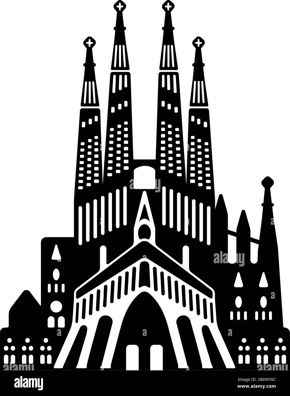 Sagrada Familia - Spagna / edifici di fama mondiale illustrazione vettoriale monocromatica. Illustrazione Vettoriale