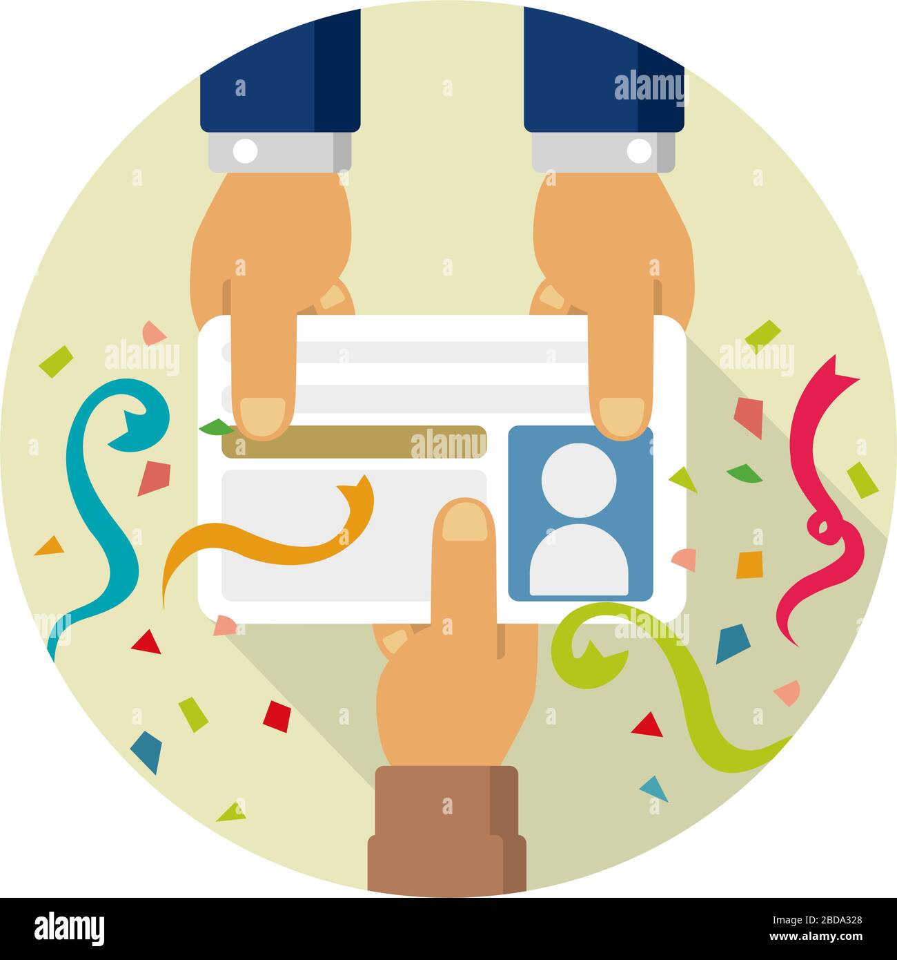 Felice di ottenere una nuova patente di guida ( carta d'identità ). Illustrazione vettoriale banner circolare. Illustrazione Vettoriale