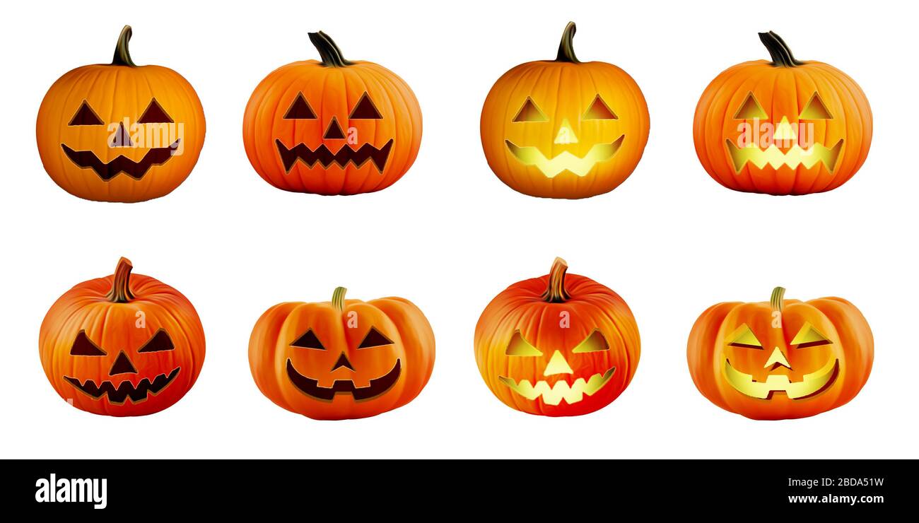 Testa di zucca di Halloween (jack o lanterna) insieme realistico di illustrazione Foto Stock