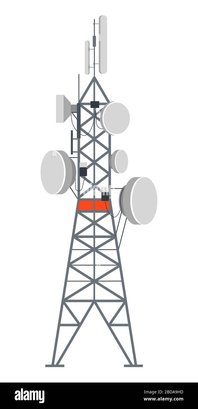 Stazione a torre con piatti, connessione internet o telefono Illustrazione Vettoriale