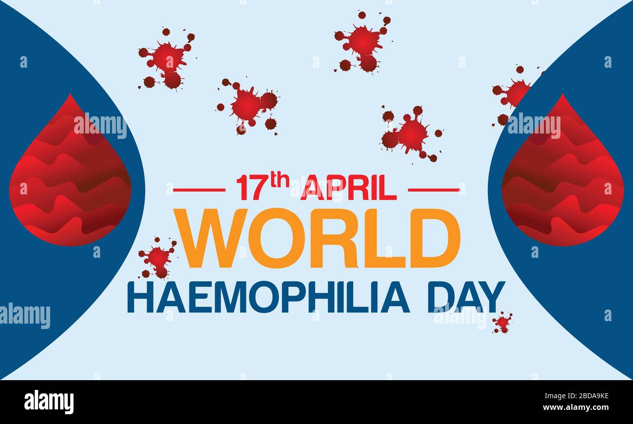 Giornata mondiale dell'emofilia 17 aprile modello di banner vettoriale medico. Concetto di consapevolezza internazionale con la Giornata Mondiale dell'emofilia. Illustrazione Vettoriale