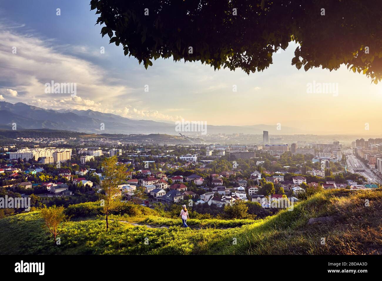 Yong donna in maglia rosa e hat passeggiate nel parco al tramonto vista città sullo sfondo Foto Stock