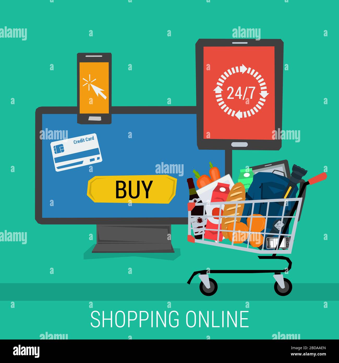 Banner quadrato shopping online e pagamento Illustrazione Vettoriale