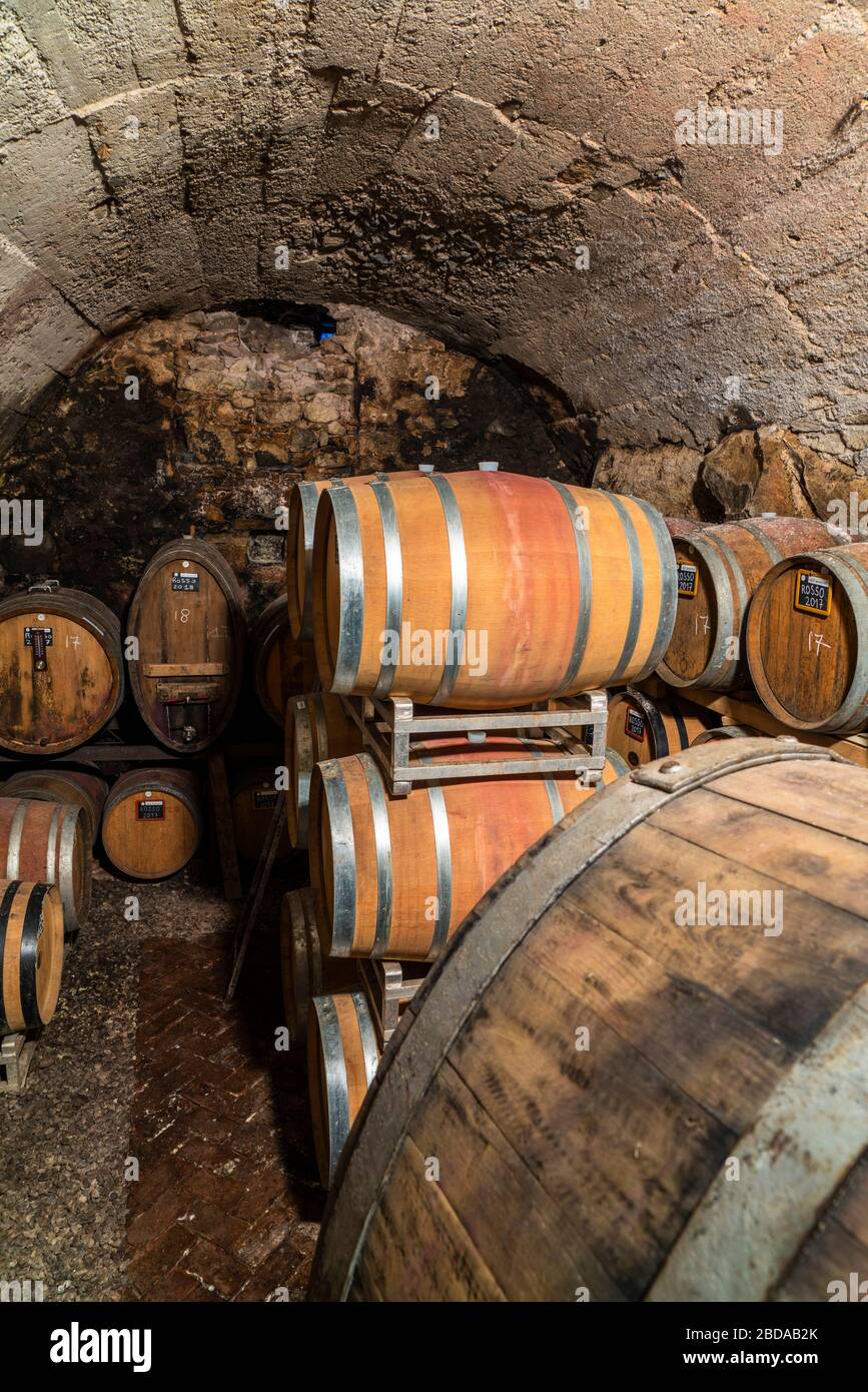 Pila di botti di vino in cantina costruita con pietra, Costiera dei Cech, Valtellina, Sondrio, Lombardia, Italia Foto Stock