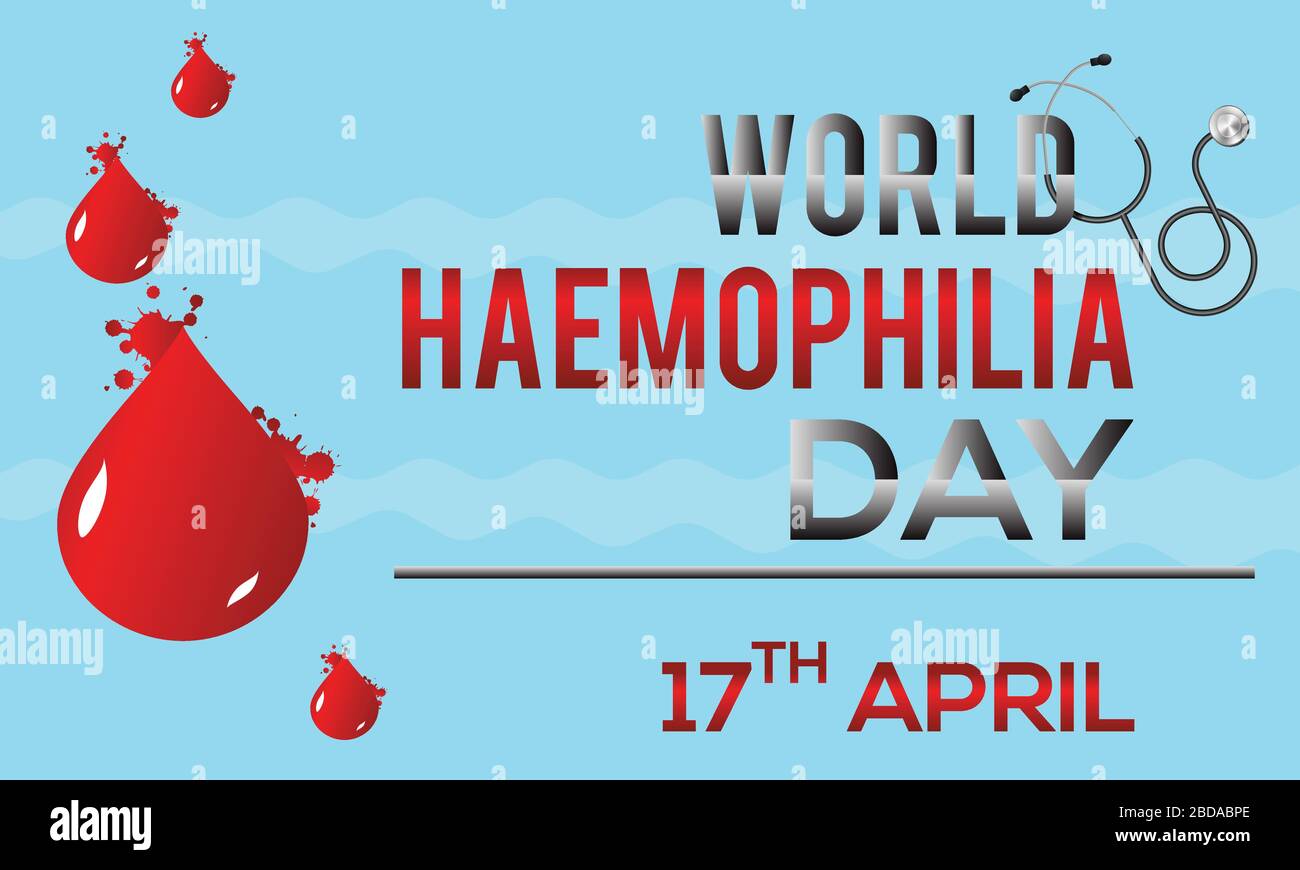 Giornata mondiale dell'emofilia 17 aprile modello di banner vettoriale medico. Concetto di consapevolezza internazionale con la Giornata Mondiale dell'emofilia. Illustrazione Vettoriale