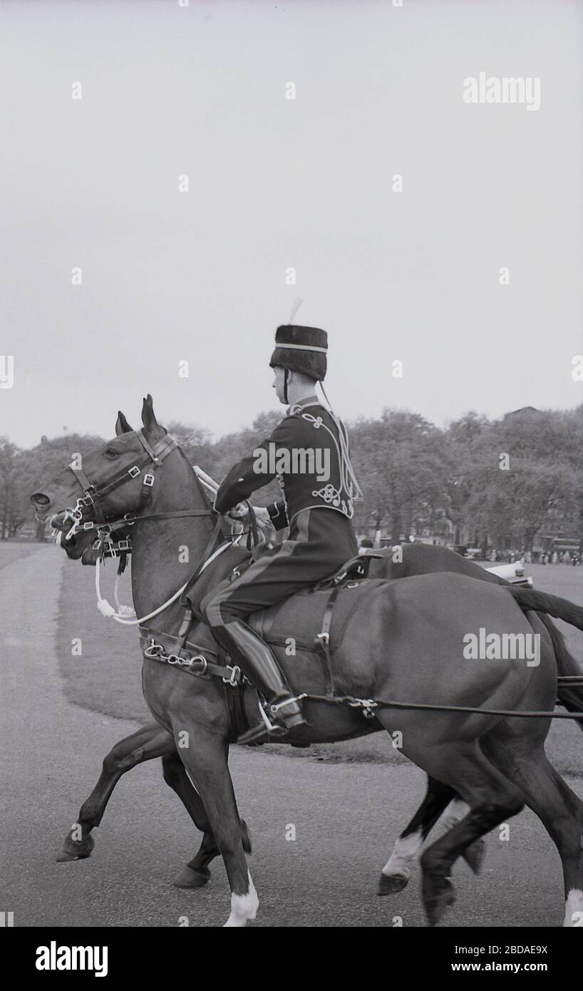 Anni '60, storico, cavallo e cavaliere a una Royal Gun Salute a Green Park vicino a Buckingham Palace, Westminster, Londra, Inghilterra. I saluti delle armi segnano occasioni speciali reali, tra cui il compleanno della Regina, e sono una mostra tradizionale di pageantry britannico. Foto Stock