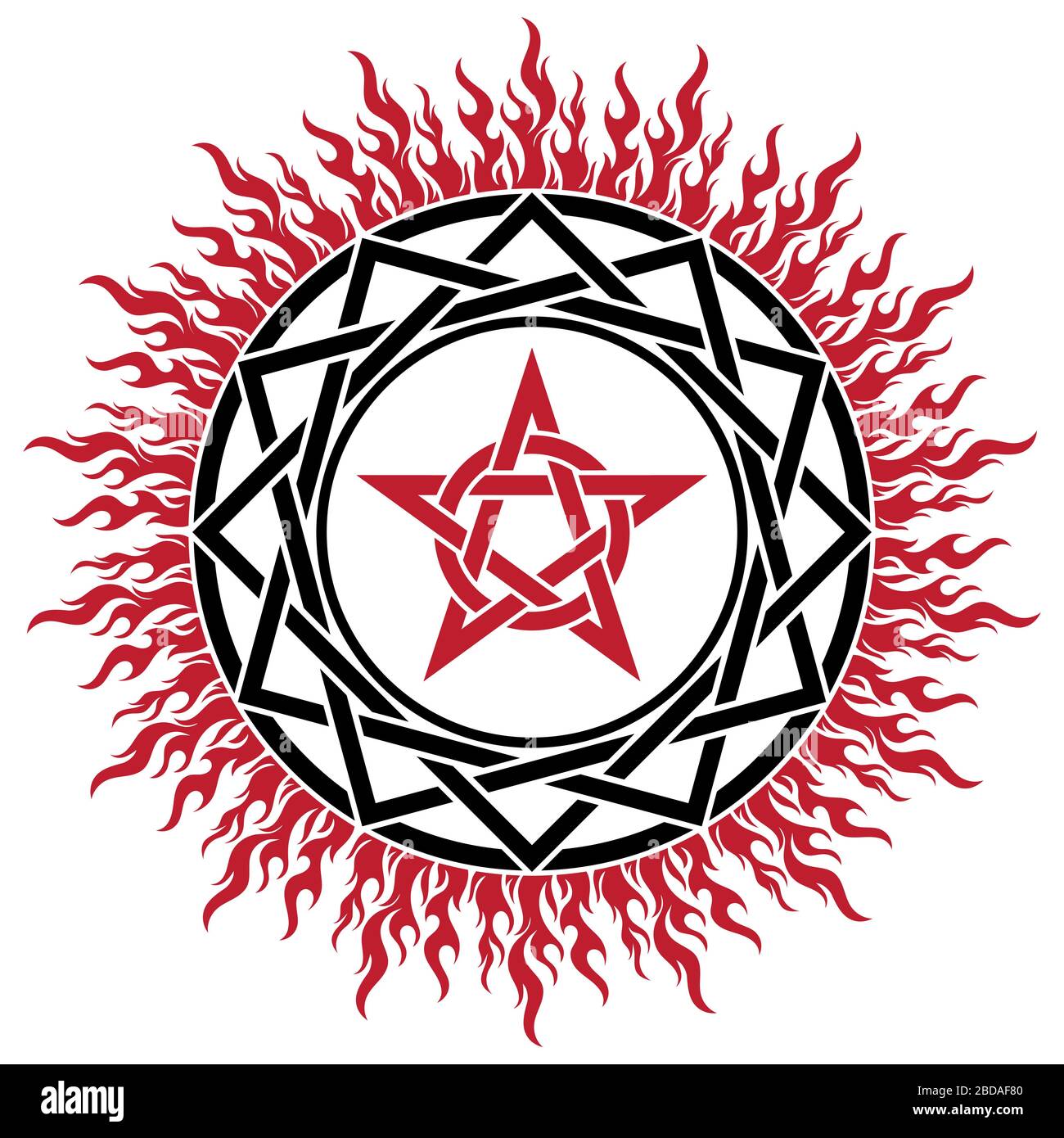 Segno magico nero, pentagramma e fuoco Illustrazione Vettoriale