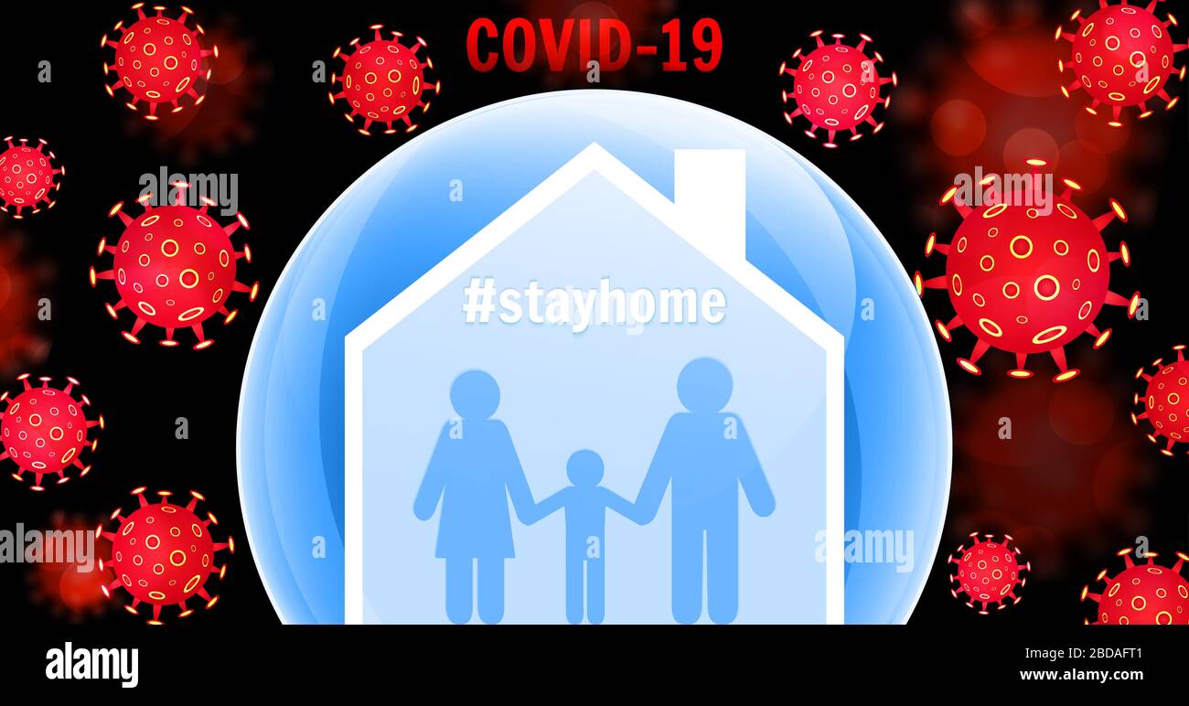 Rimani al sicuro, rimani a casa. Salvare il pianeta dal coronavirus COVID-19. Precauzioni di quarantena per rimanere al sicuro. Illustrazione vettoriale Illustrazione Vettoriale