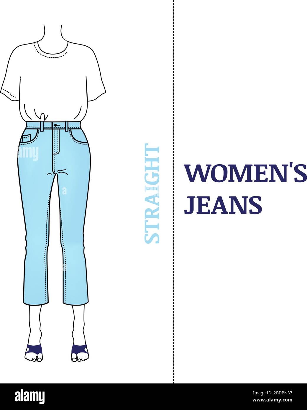 Jeans blu da donna con silhouette diritta. Pantaloni corti a vita alta e  taglio classico e T-short di base. Tipi di taglio popolare per jeans, illu  vettore Immagine e Vettoriale - Alamy