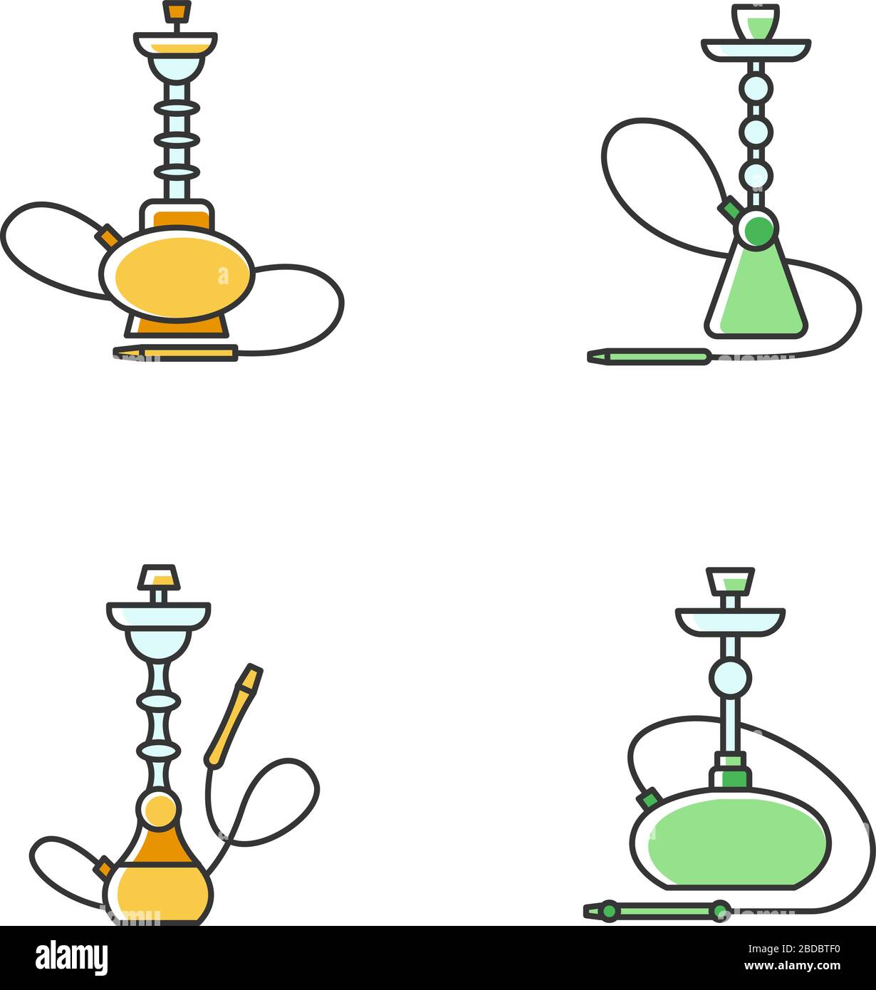 Set di icone colore giallo e verde hookah RGB. Divertimento con gli amici. Sheesha casa. Salotto nargile. Odore dal tubo. Area fumatori. Accessori per Illustrazione Vettoriale