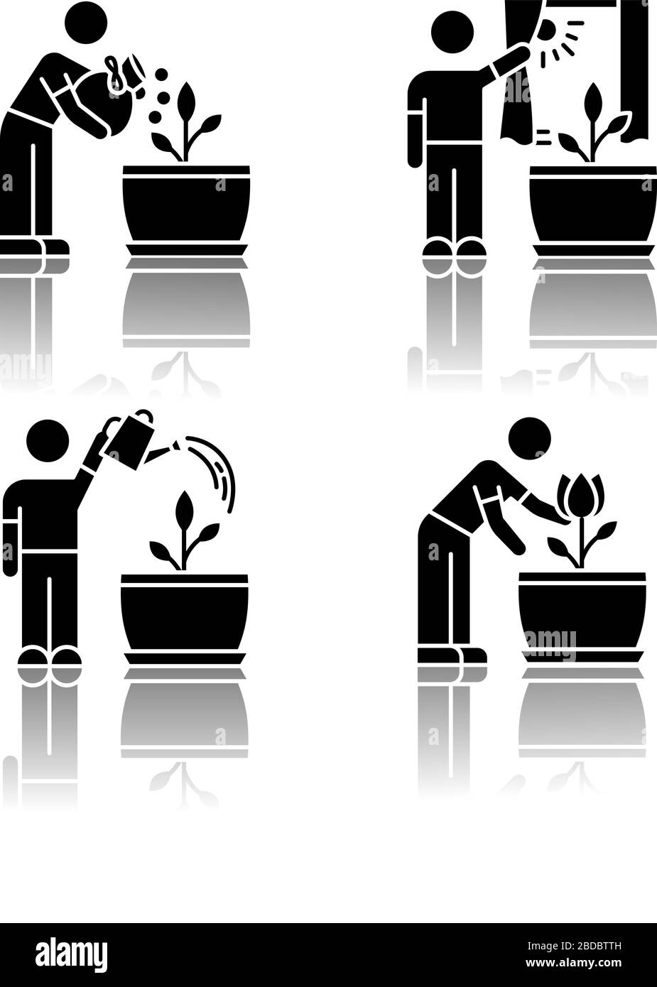 Interni tavole di giardinaggio ombra ombra nero glyph icone set. Coltivazione di piante. Terreno fertilizzante, fiori d'annaffiamento. Esposizione di piante alla luce del sole Illustrazione Vettoriale