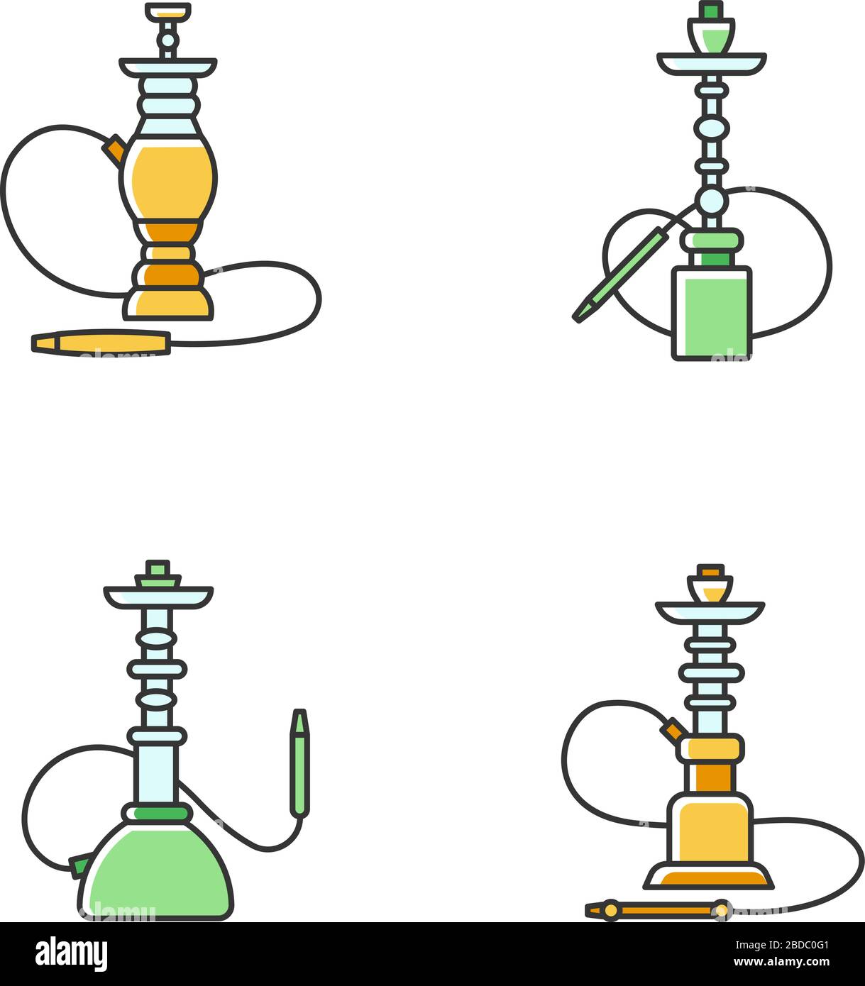 Set di icone colore verde e giallo di Hookah RGB. Opzione Nargila. Sheesha casa. Souvenir popolare. Profumo di vaporizzazione. Area fumatori. Accessori per Illustrazione Vettoriale