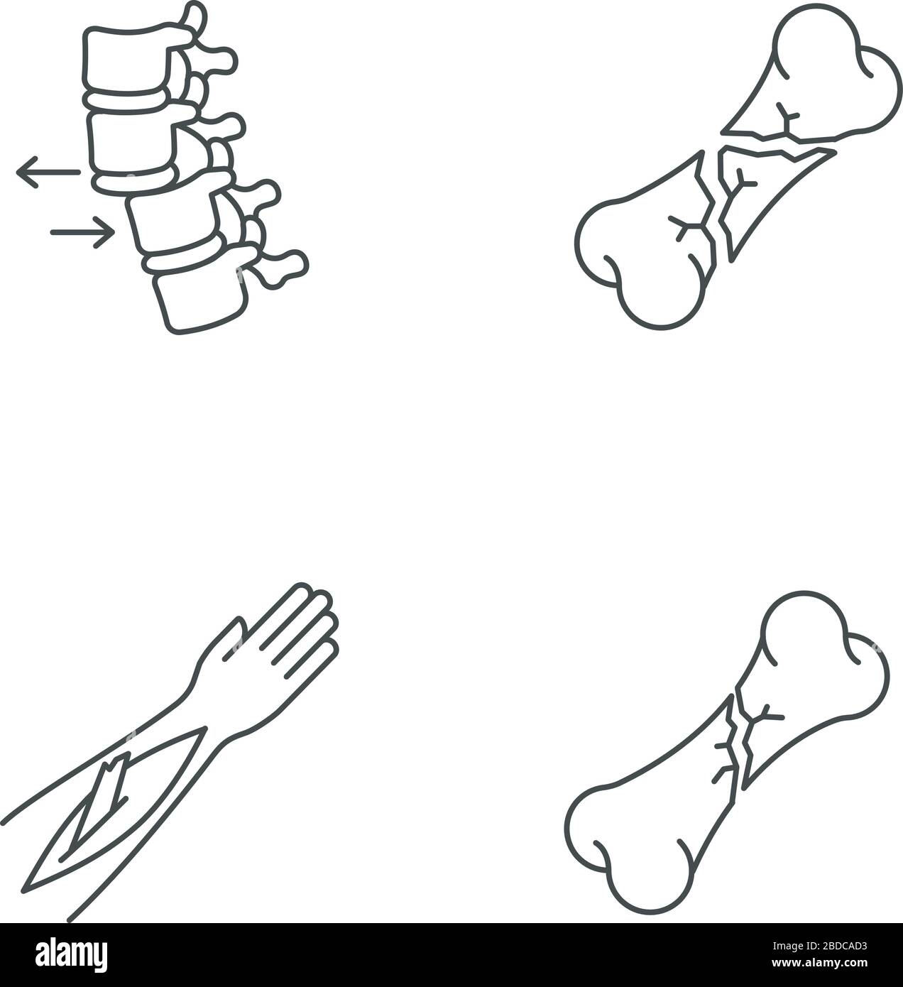 Set di icone lineari perfette per lesioni alle parti del corpo. Vertebra spinale, dislocazione della colonna vertebrale. Ossa rotte. Simboli di contorno a linea sottile personalizzabili. Isolato Illustrazione Vettoriale