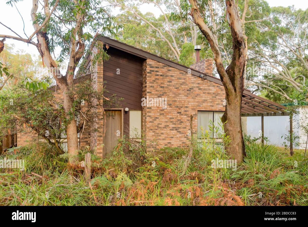 Un mattone modernista post-bellico e casa in legno a vista nella città costiera del NSW di Hawks Nest. Nel suo ambiente cespuglio la casa si mescola con i suoi dintorni Foto Stock