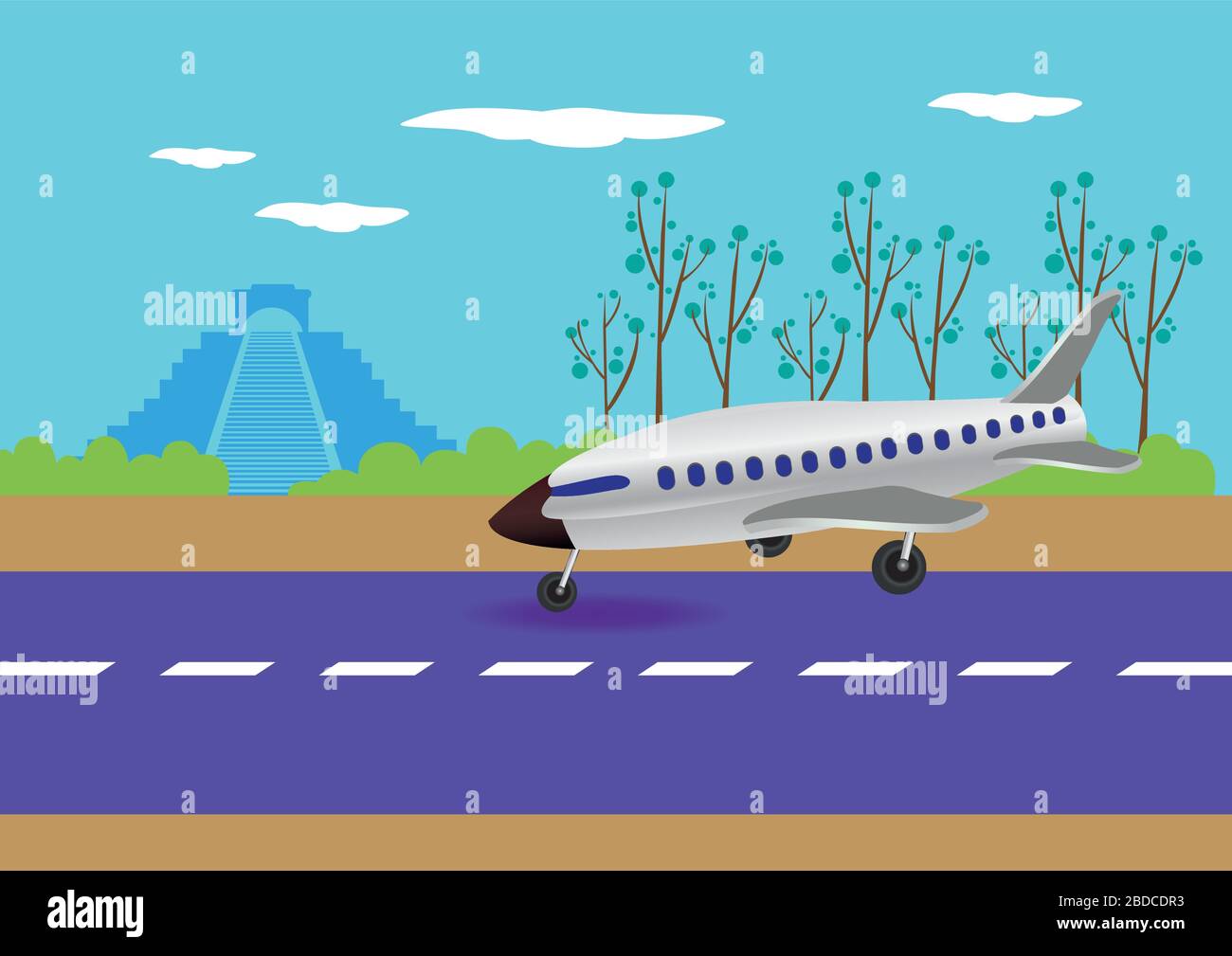 Illustrazione vettoriale di un aeroplano che tocca una pista con Chichen Itza sullo sfondo Illustrazione Vettoriale