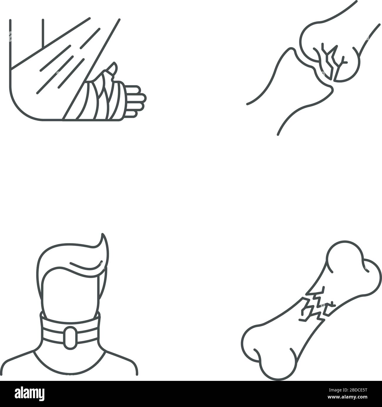Set di icone lineari perfette per le lesioni del corpo. Fratture ossee e articolari. Collo rotto. Collare cervicale. Simboli di contorno a linea sottile personalizzabili. Isolato Illustrazione Vettoriale