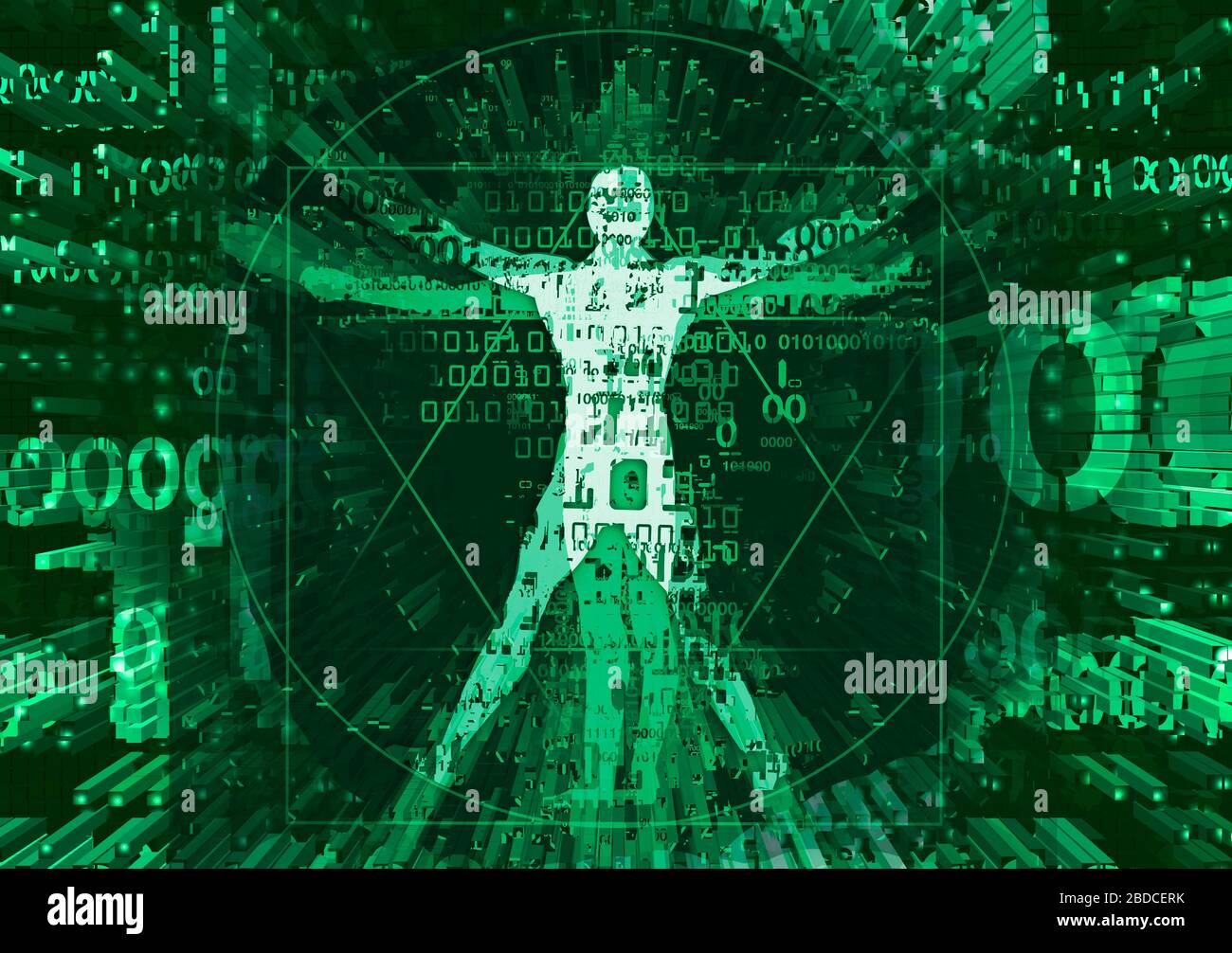 Uomo Vitruviano in esplosione di dati informatici distrutti. Futuristico verde illustrazione di un uomo vitruviano con codici binari distrutti . Foto Stock