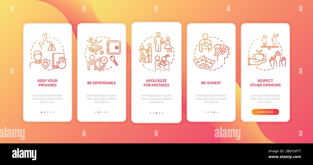 Essere amici rispettosi e accedere alla schermata della pagina dell'app mobile con i concetti. Guida e comprensione degli amici istruzioni grafiche in 5 passaggi Illustrazione Vettoriale