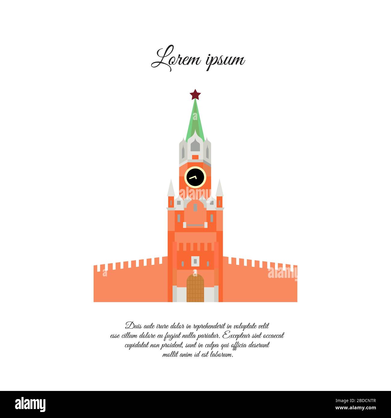 Vettore torre del Cremlino (Spasskaya). Frolovskaya torre a Mosca. Icona della torre del Cremlino, segno, simbolo. Torre del Cremlino in Mosca logo. Colore Illustrazione Vettoriale