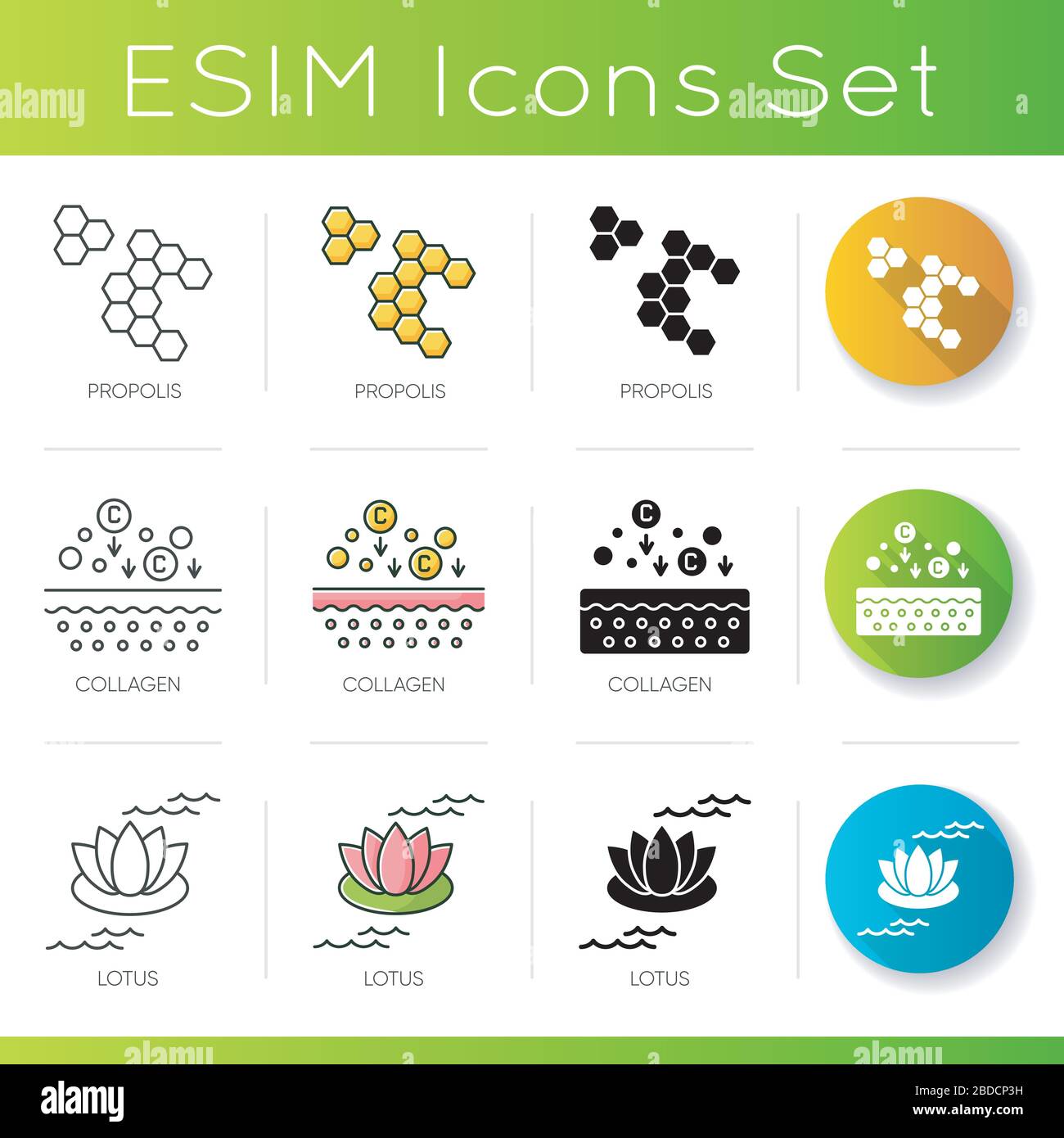 Set di icone degli ingredienti cosmetici. Honeycombs di propoli. Fiore di loto. Formula di riempimento collagene. Prodotti biologici di bellezza. Stili di colore lineari, neri e RGB Illustrazione Vettoriale