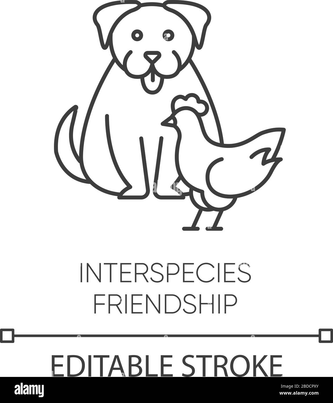 Icona lineare perfetta pixel amicizia interspecie. Illustrazione personalizzabile a linee sottili. Legame tra gli animali, simbolo del contorno del rapporto amichevole Illustrazione Vettoriale