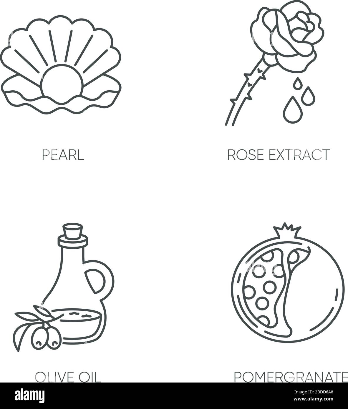 Set di icone lineari Perfect pixel ingrediente cosmetico. Perla nella conchiglia. Melograno a fette. Bellezza, cura della pelle. Simboli di contorno a linea sottile personalizzabili Illustrazione Vettoriale
